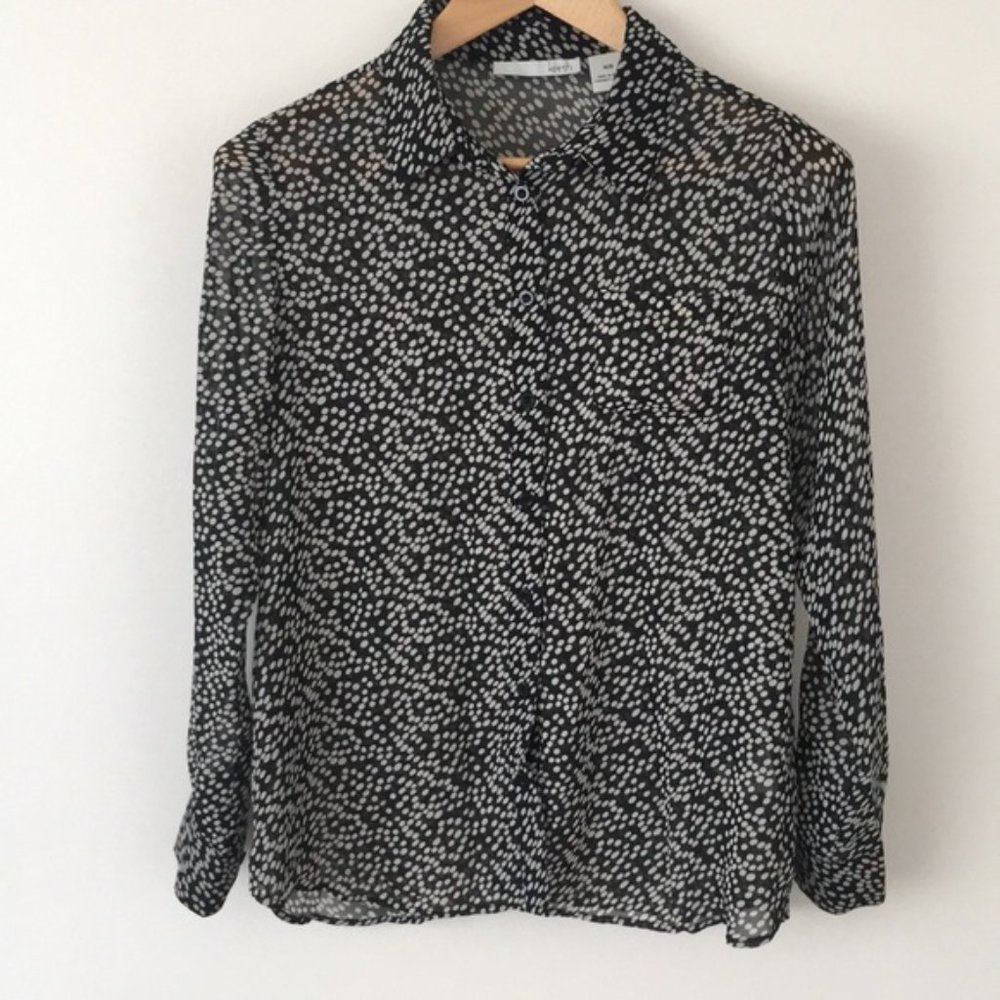 Kersh Black&White Polka Dot Sheer Button-Down Top